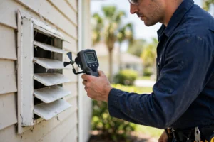 Technician measuring dryer vent airflow with a digital anemometer before cleaning in St. Augustine, FL
