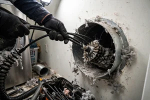 Rotary brush cleaning the full length of a dryer vent duct
