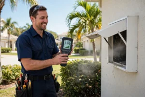 Technician showing improved airflow meter reading after dryer vent cleaning