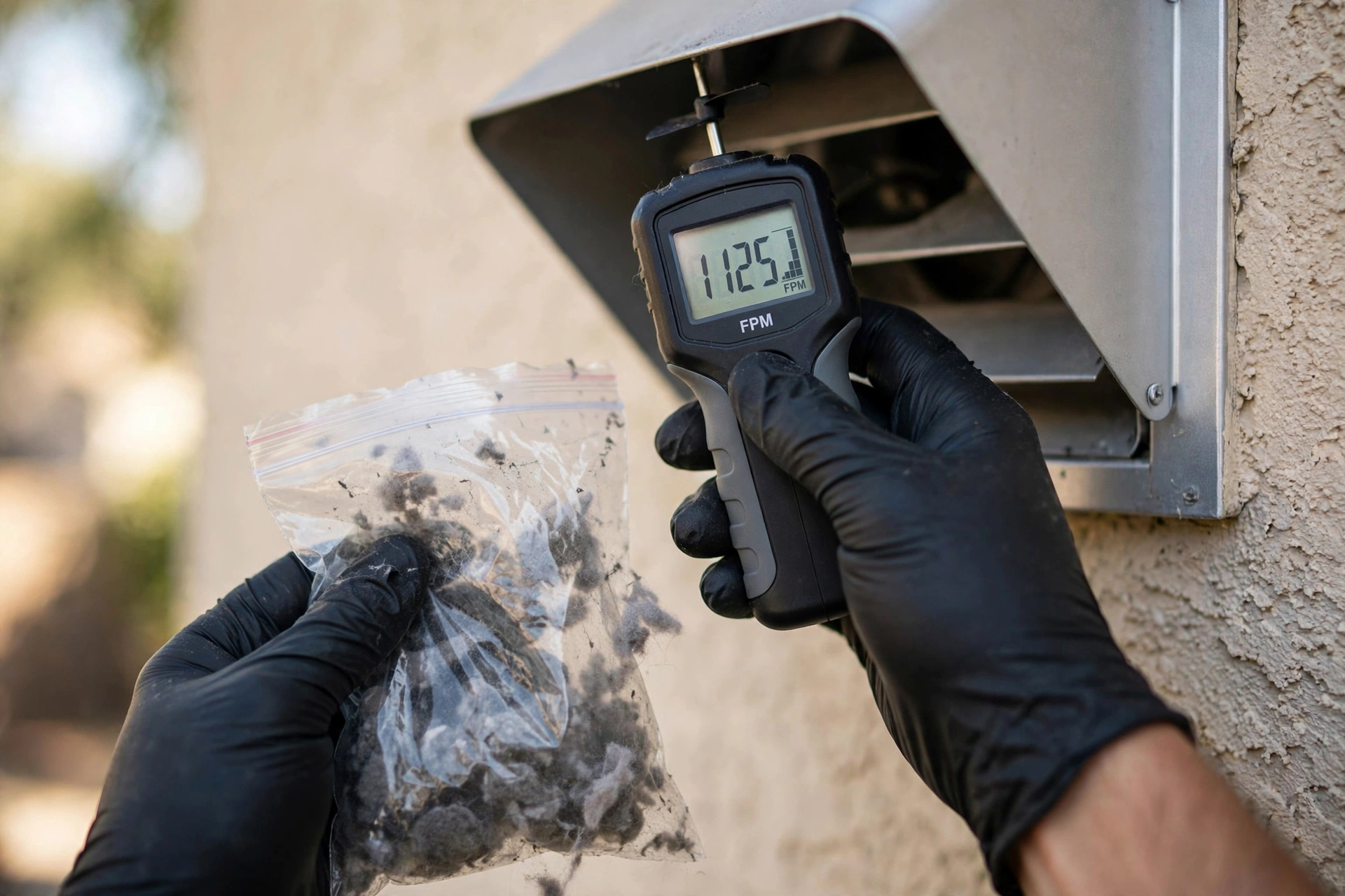 Close-up of airflow meter showing strong reading and bag of lint extracted from dryer vent